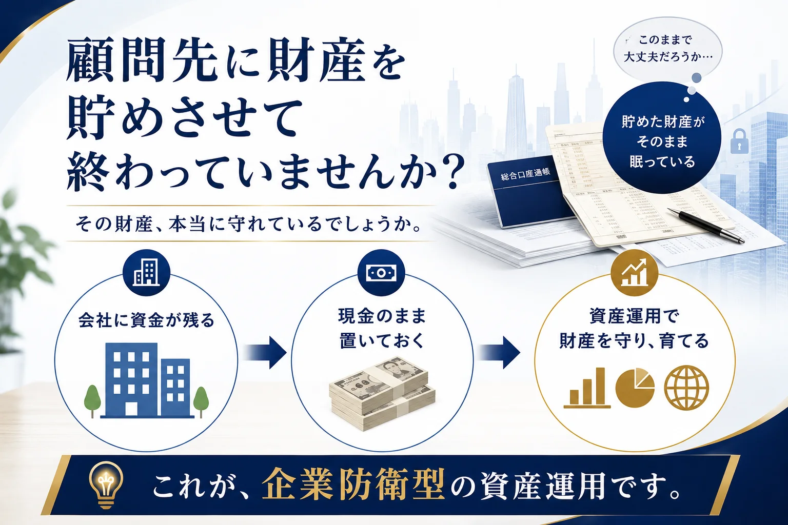 顧問先に貯めた財産を企業防衛型の資産運用で守り、育てる考え方。